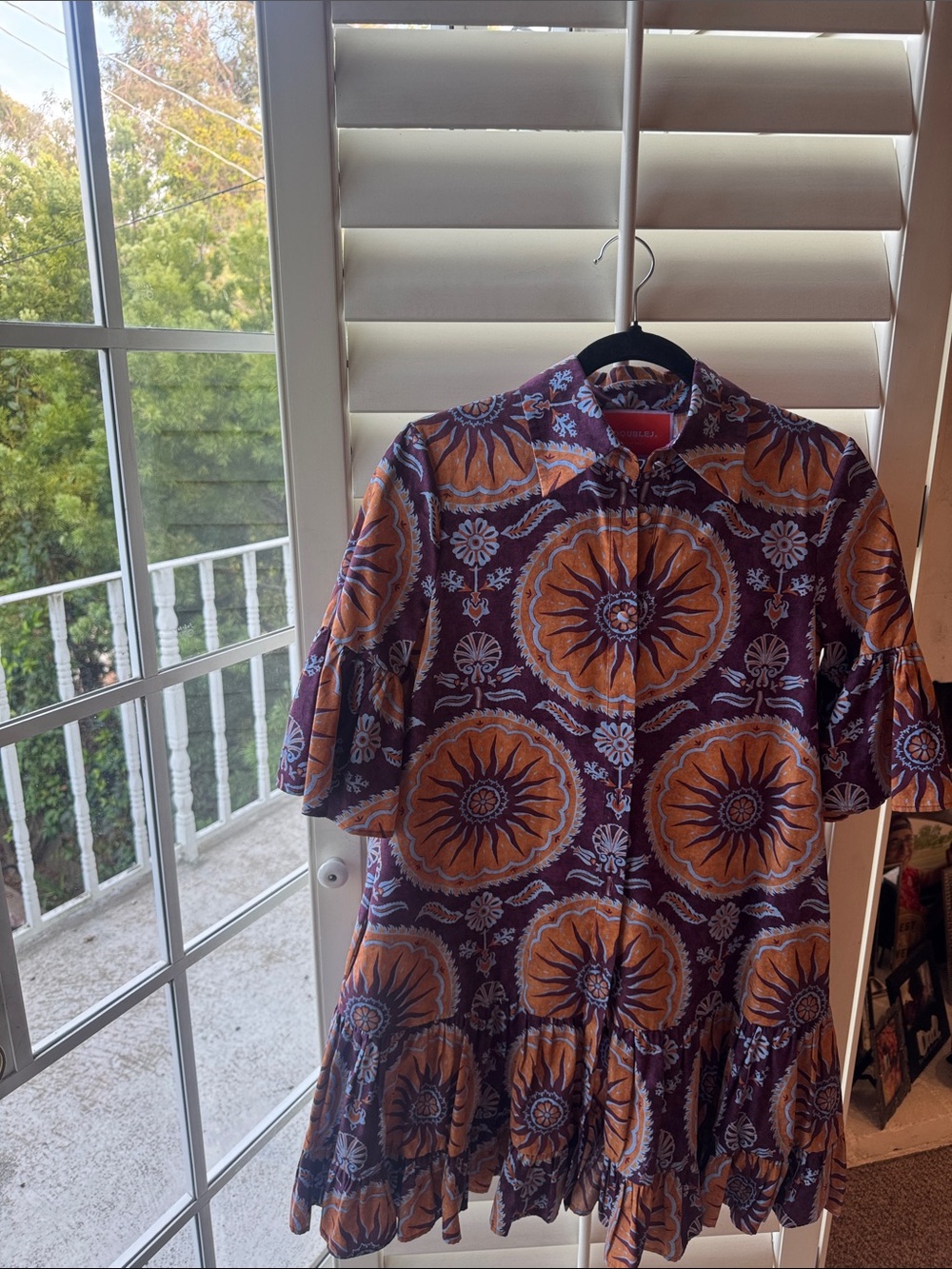 LA DoubleJ Purple and Orange Medallion Ruffle-Hem Mini Dress